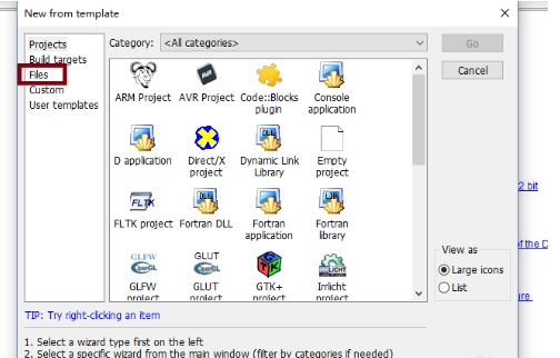 Code::Blocks custom templates screenshot