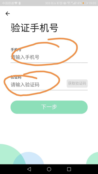 输入手机号和验证码界面