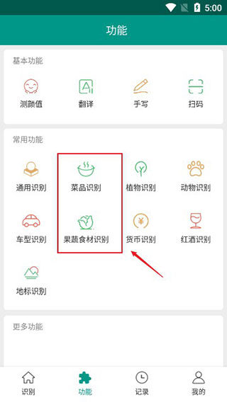 食材识别功能界面